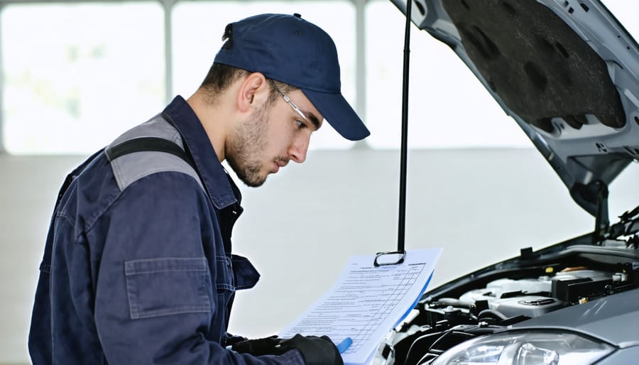 Professional mechanic performing pre-trip vehicle safety inspection with visible checklist