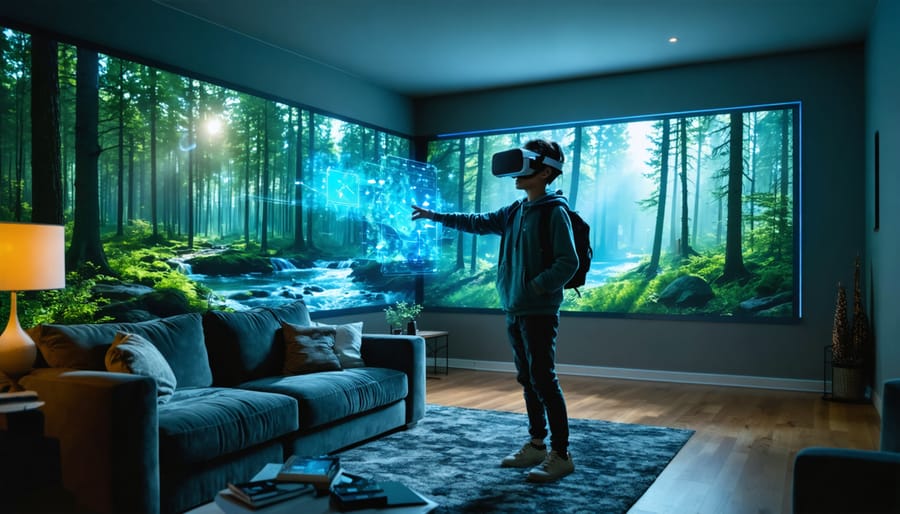 An individual wearing a VR headset in a living room, interacting with holographic representations of Ontario's natural parks, including trails and wildlife.