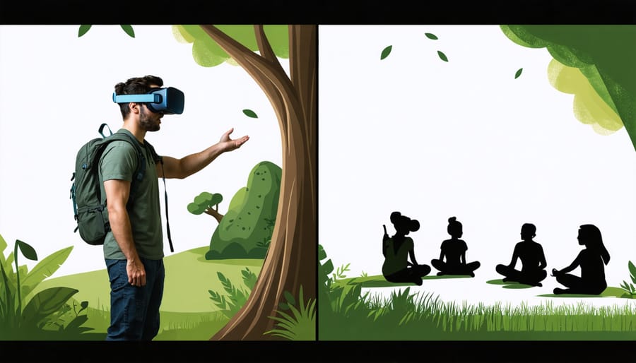 Virtual park ranger teaching group about local wildlife in VR setting