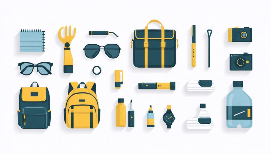 Essential volunteer equipment including gloves, water bottle, sunscreen, and tools