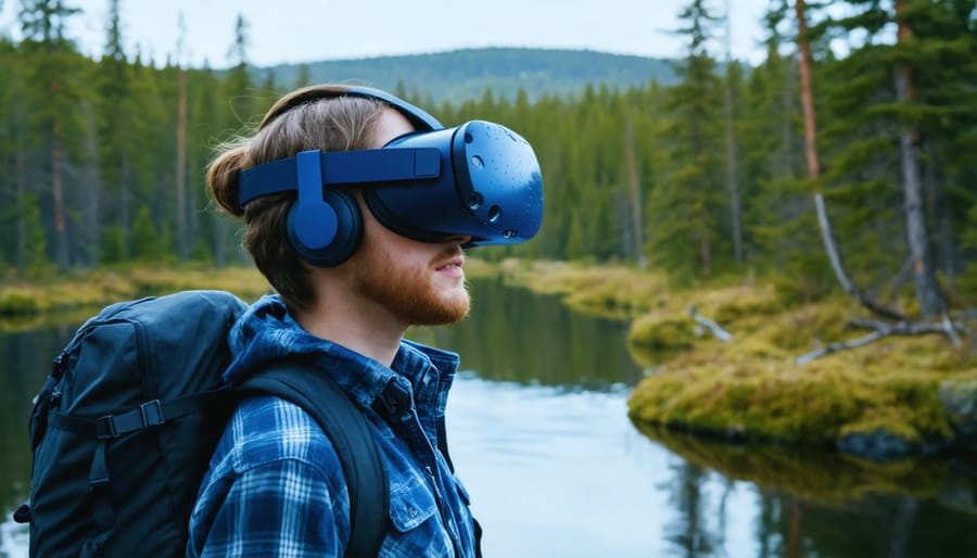 Individual using virtual reality headset to preview Ontario park trails from home
