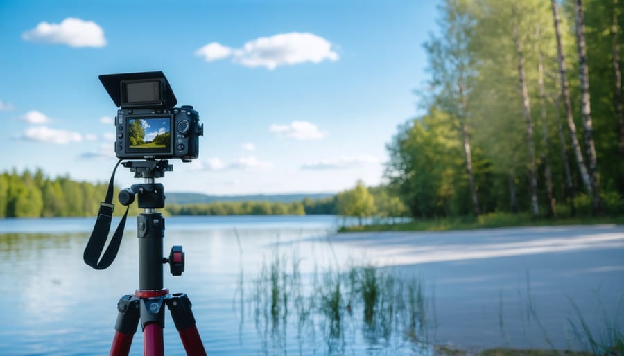 Weather-protected DSLR camera with intervalometer and protective housing mounted on tripod outdoors