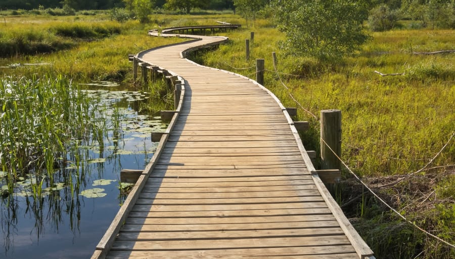 Accessible wooden boardwalk path through diverse wetland vegetation with educational signs