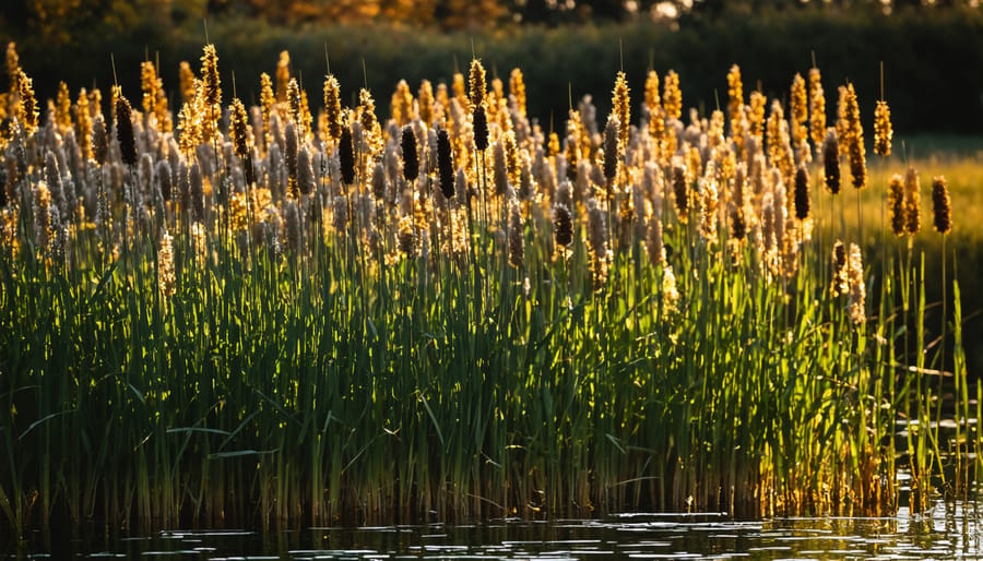 Tall cattails with brown seed heads against sunset sky in an Ontario marsh