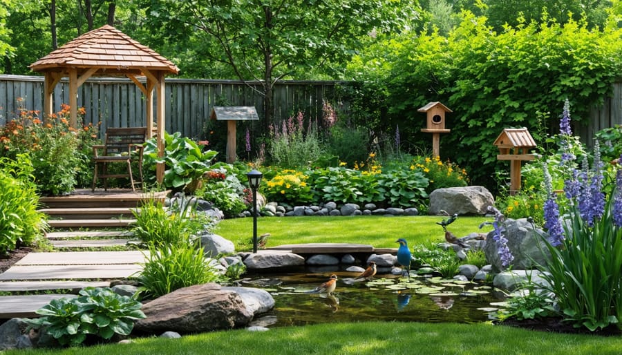 Suburban Ontario backyard designed to attract local wildlife with various habitat features