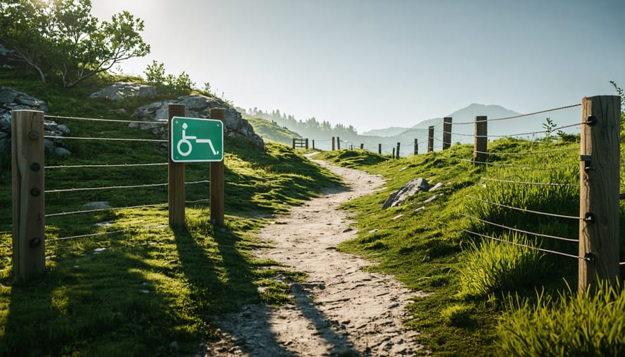 Wheelchair-accessible trail entrance with prominent sign showing grade, distance, and surface information
