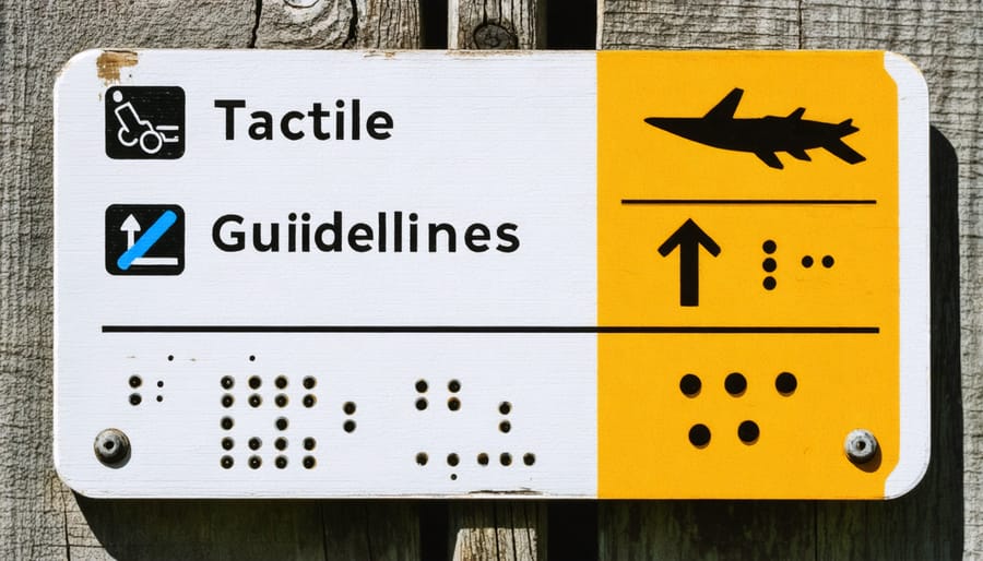 Accessible park trail sign with raised lettering, braille, and high contrast colors showing trail information