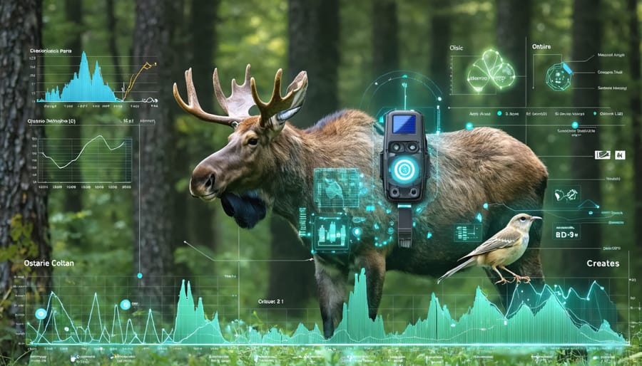 A moose and a songbird in a forest setting, both wearing GPS tracking devices, with digital data patterns overlaying the scene to symbolize AI-enhanced wildlife tracking.