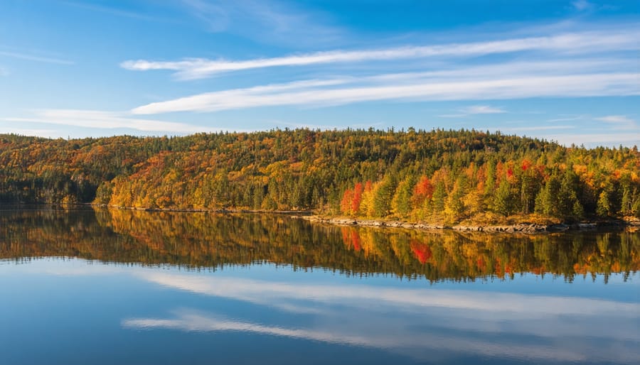 Panoramic view of fall colors in Algonquin Park with lakes and forests
