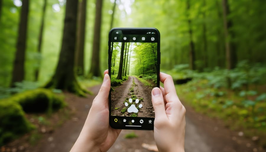 Smartphone screen showing augmented reality animal tracks overlaid on a real forest trail