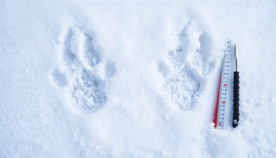 Fresh deer tracks in snow showing clear hoof prints with a ruler for size reference