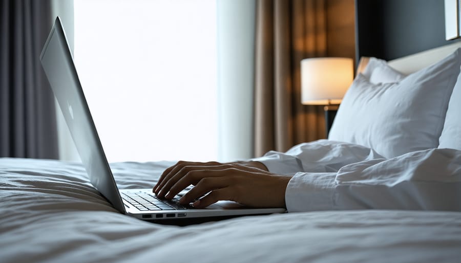 Traveler accessing secure internet connection using VPN on laptop in hotel room