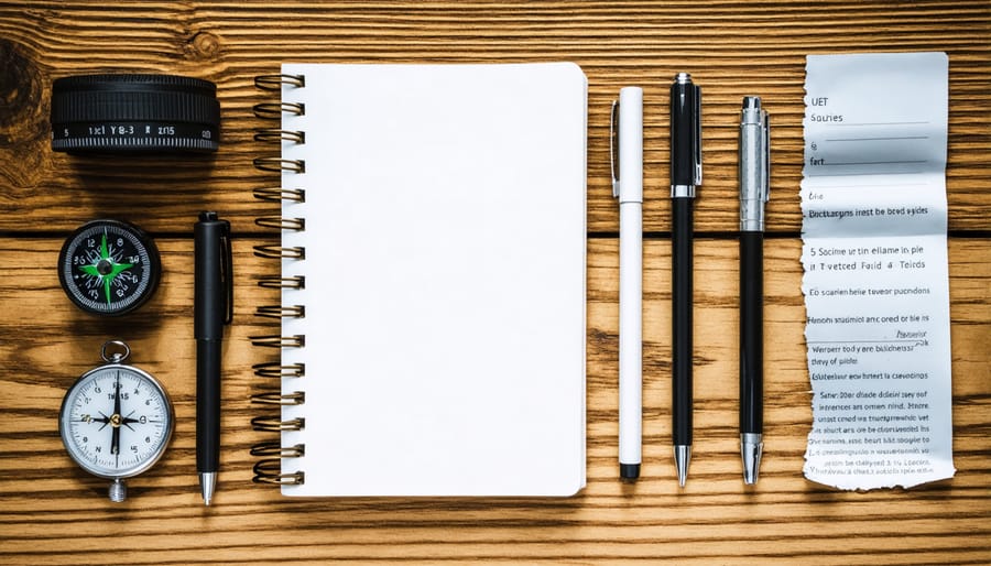 Essential eco-therapy journaling supplies and outdoor gear arranged on wooden background