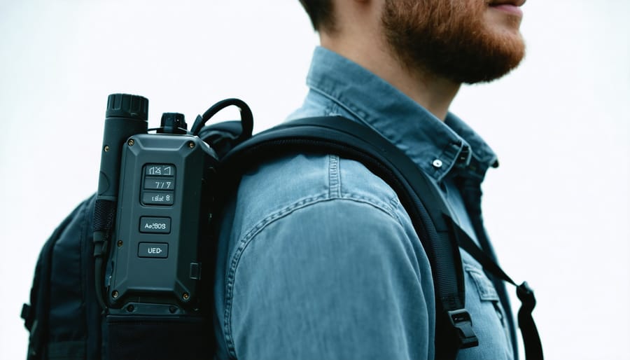 Emergency satellite beacon attached to hiking backpack in wilderness setting