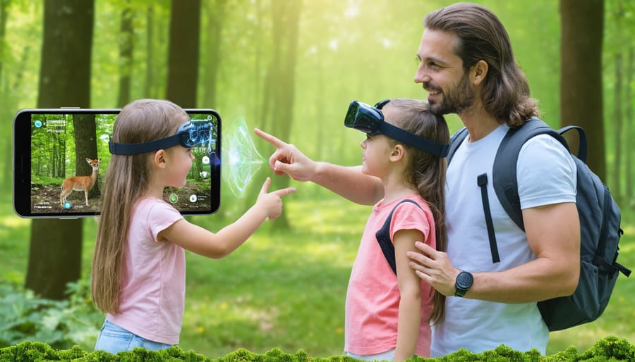 Parents and children engaging with augmented reality wildlife app in an Ontario park