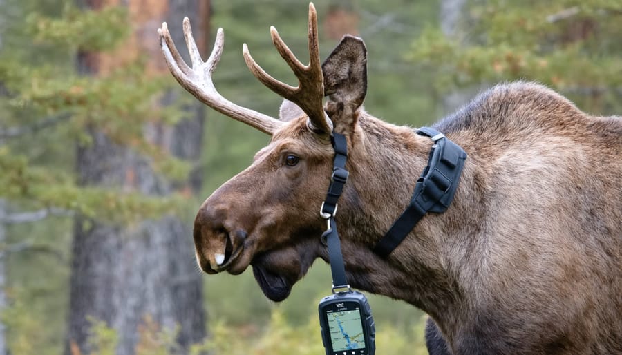 Wildlife researcher attaching a GPS tracking collar to a sedated moose in Ontario
