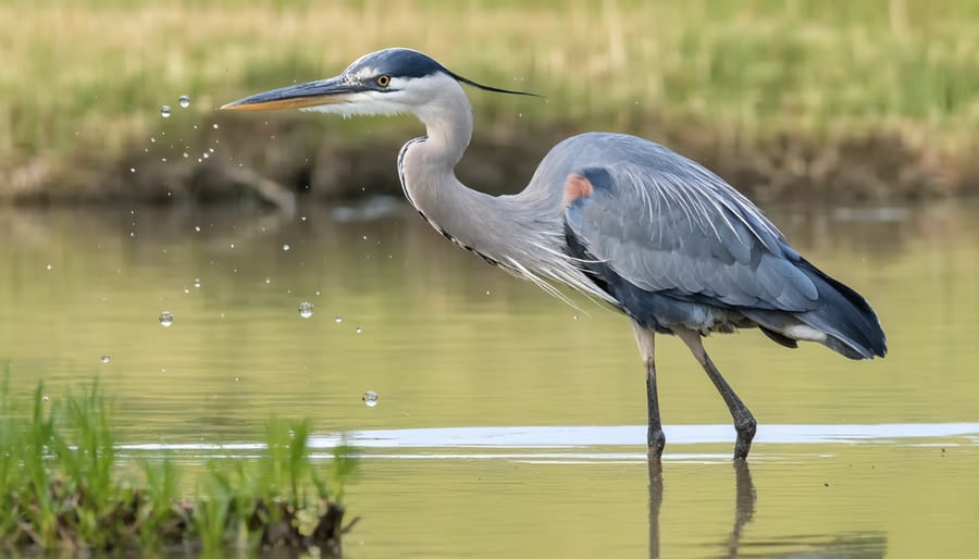Great Blue Heron standing in wetland waters with neck extended, searching for prey