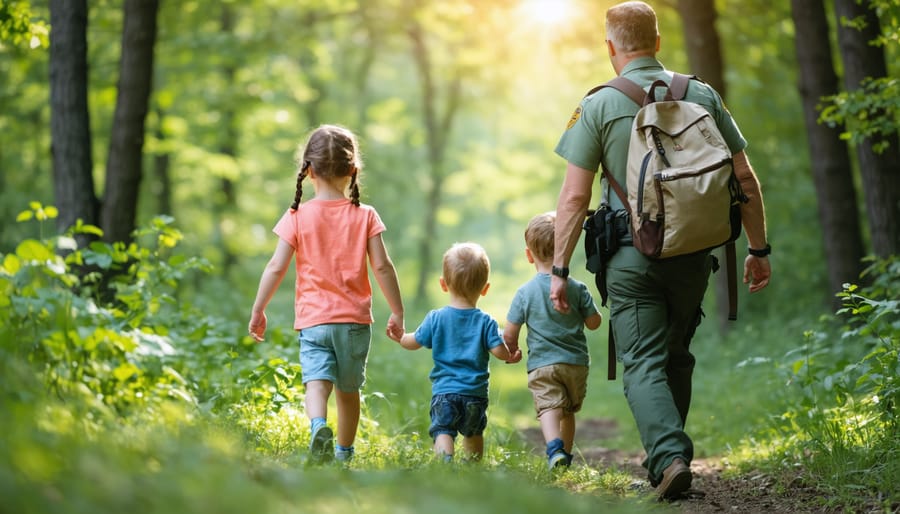 Park ranger showing children how to identify local plants and wildlife