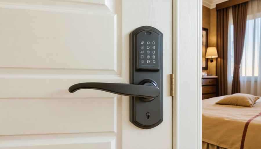 Hotel room security measures including electronic door lock, in-room safe, and secure window latches