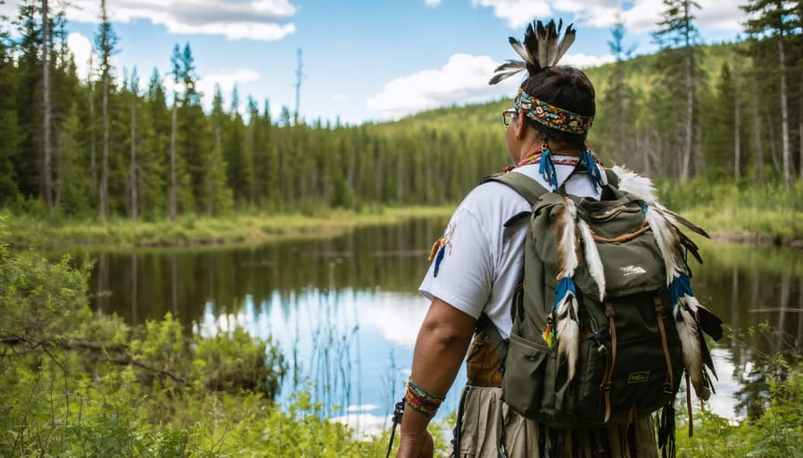 First Nations guide explaining traditional environmental stewardship practices to tourists in natural setting