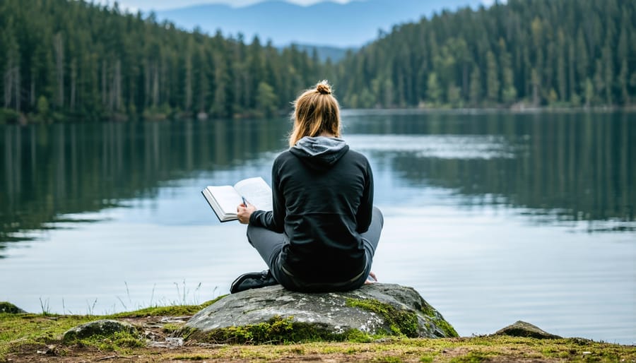 Individual journaling on a peaceful lakeside in an Ontario provincial park