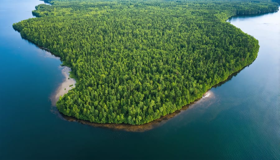 Aerial view of Manitoulin Island's diverse ecological features including forests, wetlands, and distinctive shoreline