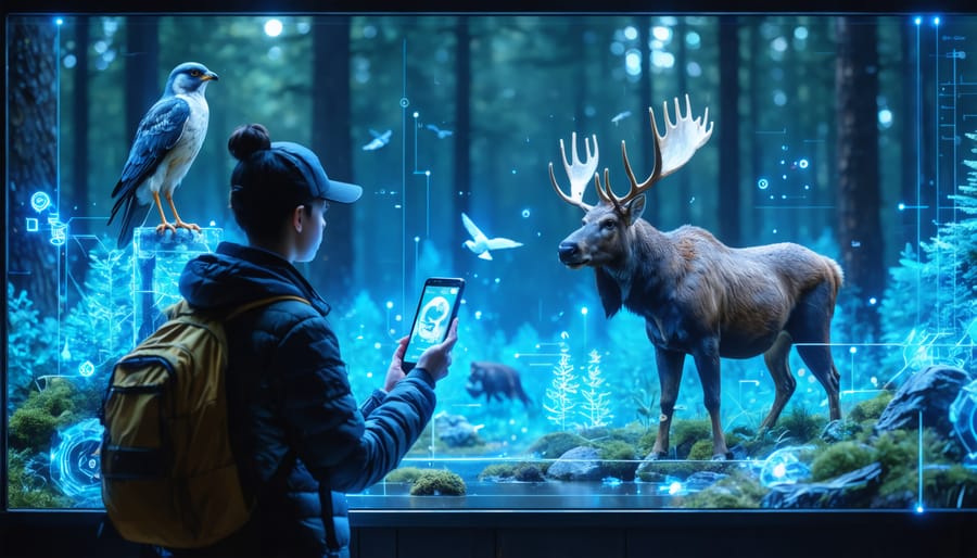 Illustration of a park visitor using a smartphone to interact with augmented reality wildlife displays, showcasing animals like a moose and beaver in a vibrant Ontario park setting.