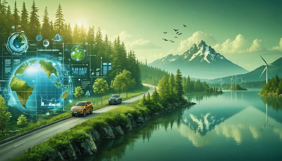 Conceptual image depicting Ontario's eco-friendly travel theme, showcasing a digital carbon footprint calculation, forests, and symbols of conservation such as trees and wind turbines.