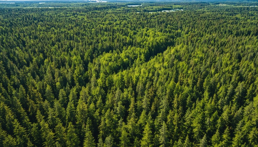 Bird's eye view of preserved forest land in Ontario with distinct conservation zones