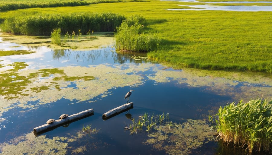Aerial view of Ontario's wetlands during golden hour with lush marshes, cattails, a wading Great Blue Heron, and turtles basking on logs.