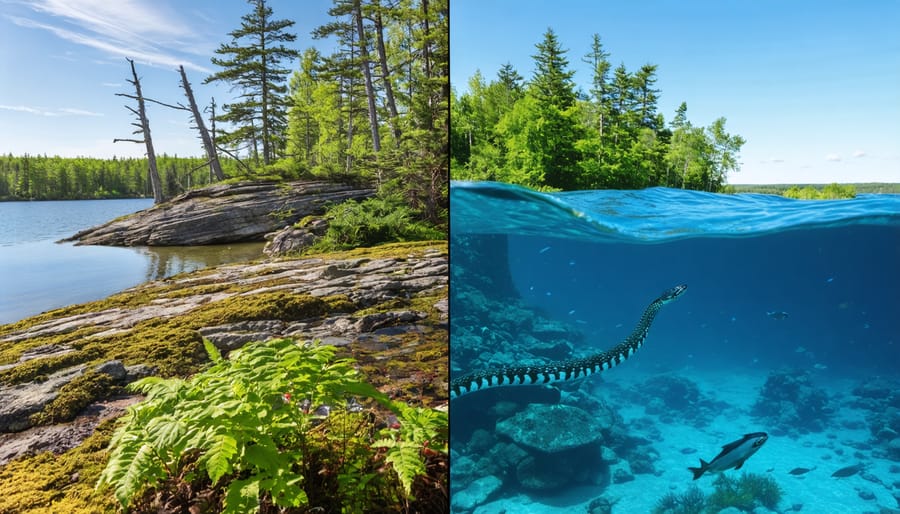 Artistic depiction of Ontario's island ecosystems showcasing diverse species, including unique plants, rare birds, and aquatic life, highlighting the islands as nature's laboratories of evolution and adaptation.