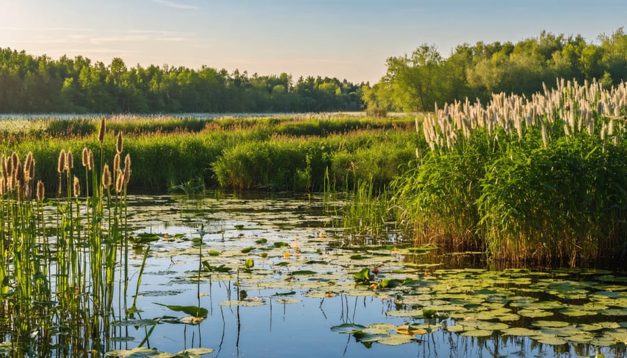 Scenic Ontario marsh landscape with flowering cattails and water lilies during golden hour