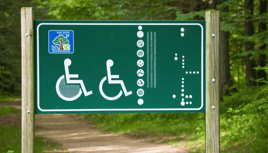 Accessible park sign with high-contrast text, universal symbols, and Braille, located at the entrance of a trail in an Ontario park, surrounded by lush greenery and clear skies.