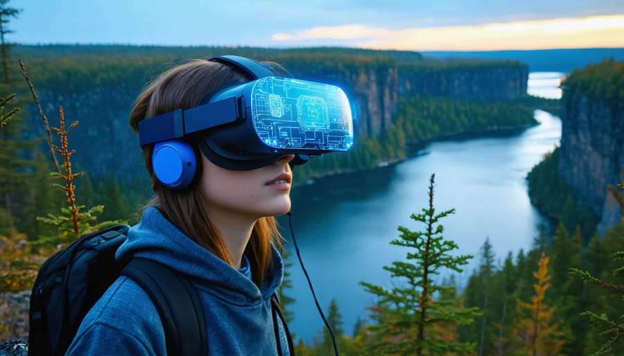 A person wearing a VR headset experiences Ontario's natural landscapes virtually, featuring the towering cliffs of the Niagara Escarpment and the serene waters of Algonquin Park in the background.