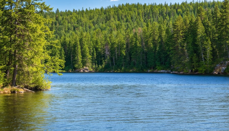Crystal clear lake in Ontario's wilderness with surrounding pine trees and rocky shoreline