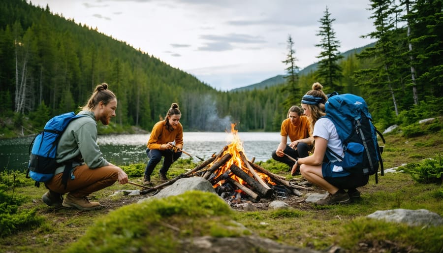 Illustration of diverse group learning crucial wilderness survival skills in a scenic Ontario park, showcasing activities like fire starting and shelter building amidst lush forests and lakes.