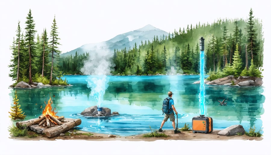 Various water purification methods displayed in Ontario's wilderness, including boiling, portable filters, and UV devices with a backdrop of a tranquil lake and surrounding forest.