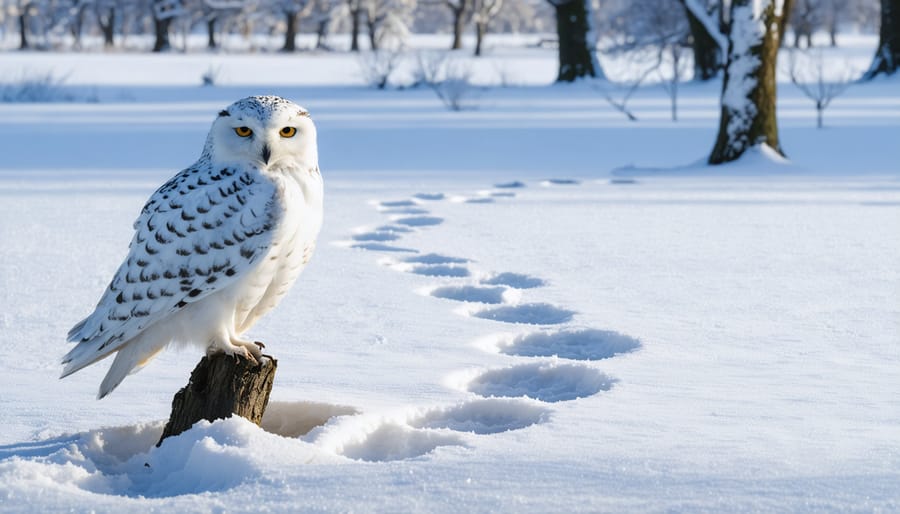 Serene winter landscape in an Ontario park with animal tracks, including deer, foxes, and rabbits, in fresh snow. A snowy owl perches on a bare tree branch, observing the scene, illuminated by the early morning light.