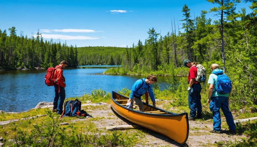 A group of people preparing for a canoe adventure in Quetico Provincial Park, with a calm lake and lush forest in the background, symbolizing the planning and permits needed for wilderness exploration.