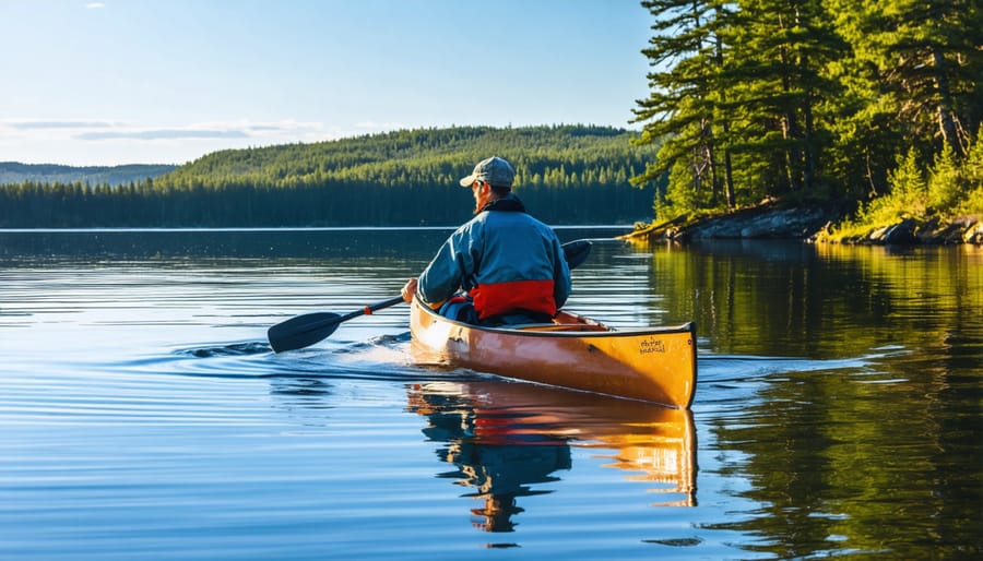 Person canoeing on a wilderness lake in Quetico Provincial Park with camping equipment visible