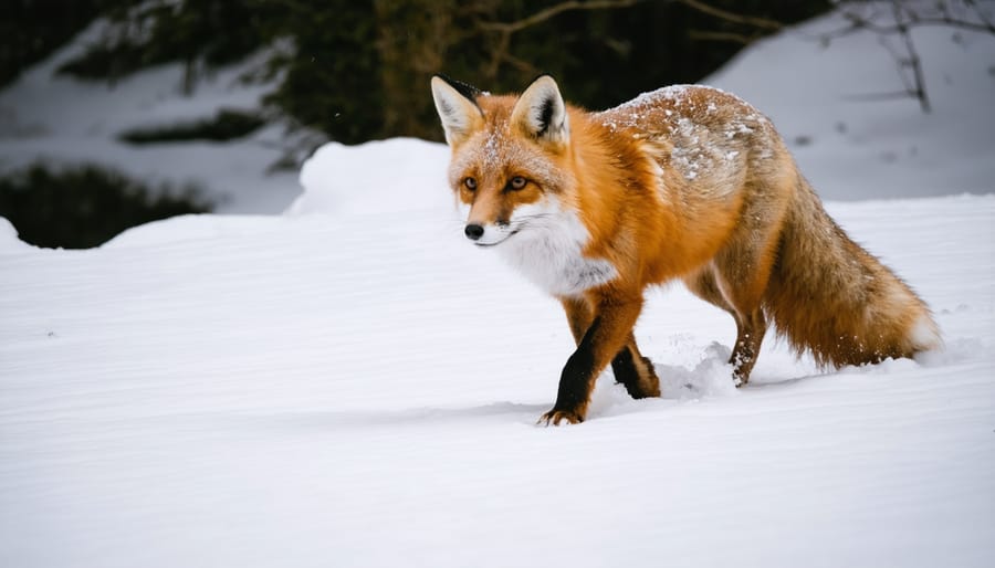 Red fox walking through deep snow in an Ontario forest landscape
