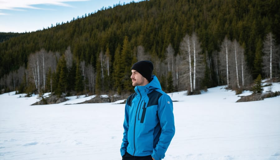 Smart hiking jacket with temperature control features in winter setting