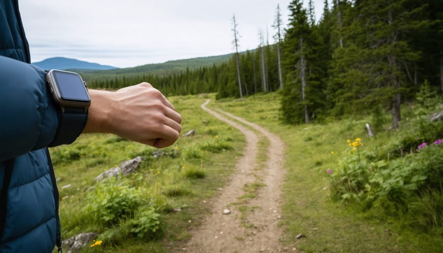 Hiker checking their GPS smartwatch on a forest trail