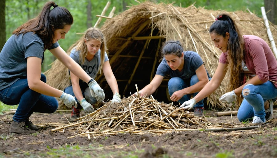 Students constructing a lean-to shelter using branches and forest materials during a survival workshop