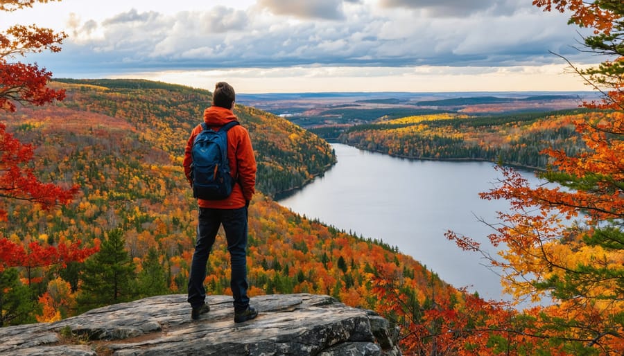 A traveler observing the vibrant autumn landscape of Algonquin Park, with a reflective lake and colorful foliage in the background.