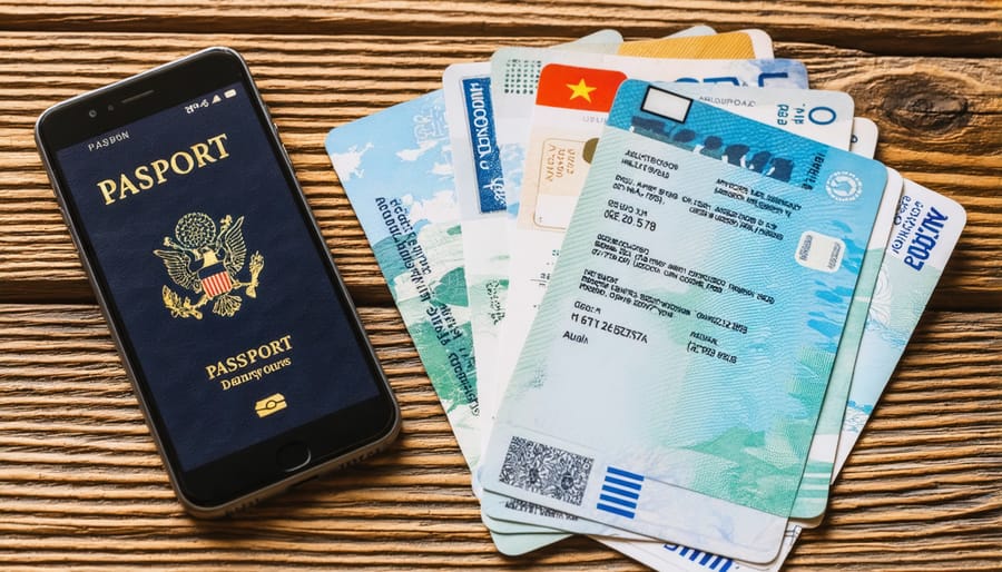 Neatly arranged travel documents with passport, insurance cards, and smartphone showing digital copies