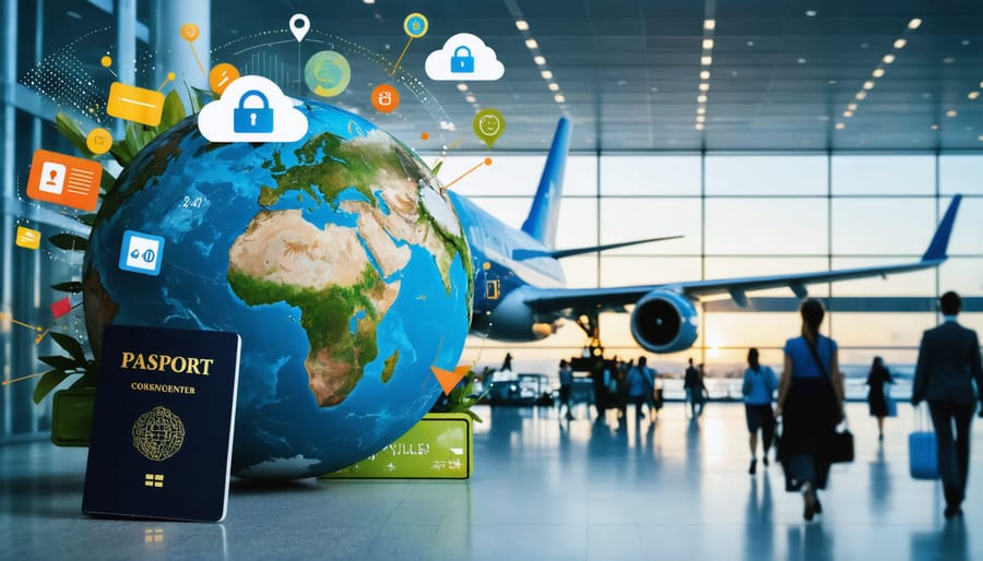 A conceptual collage depicting a globe with travel essentials such as a passport, insurance card, and a smartphone displaying digital backups, alongside a security lock icon, epitomizing safe and prepared international travel.