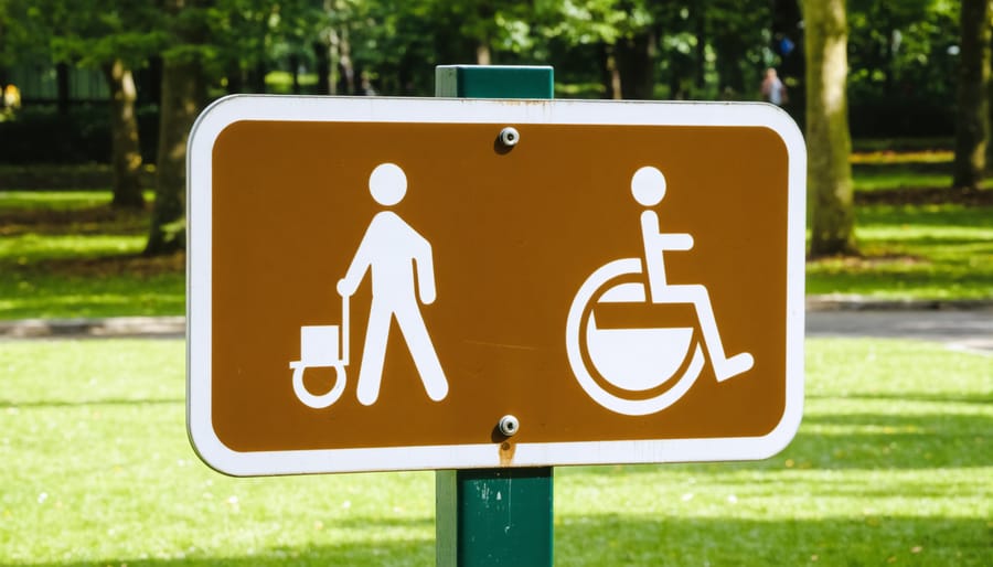 Park facilities sign displaying various accessibility symbols including wheelchair access, audio descriptions, and assisted listening