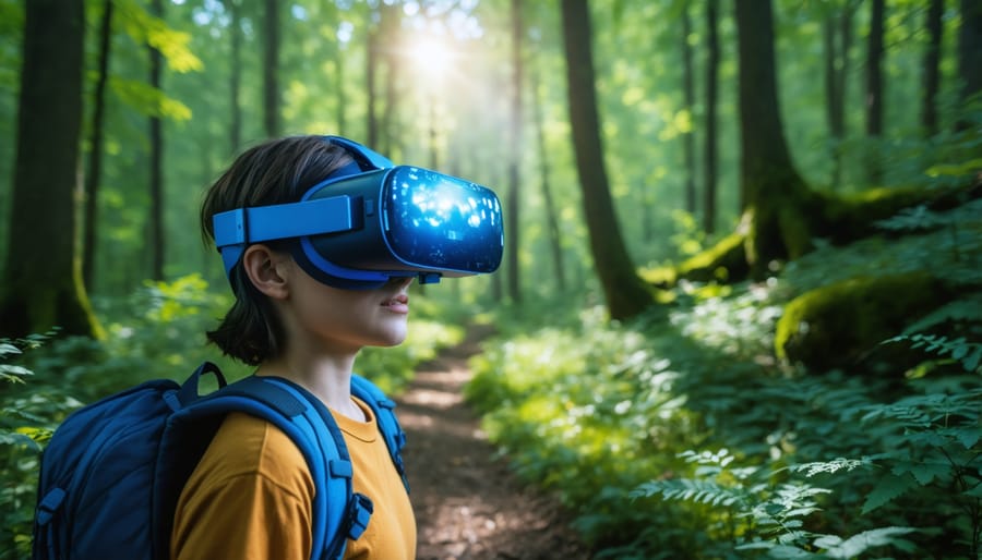 Individual using virtual reality equipment to explore a nature trail simulation
