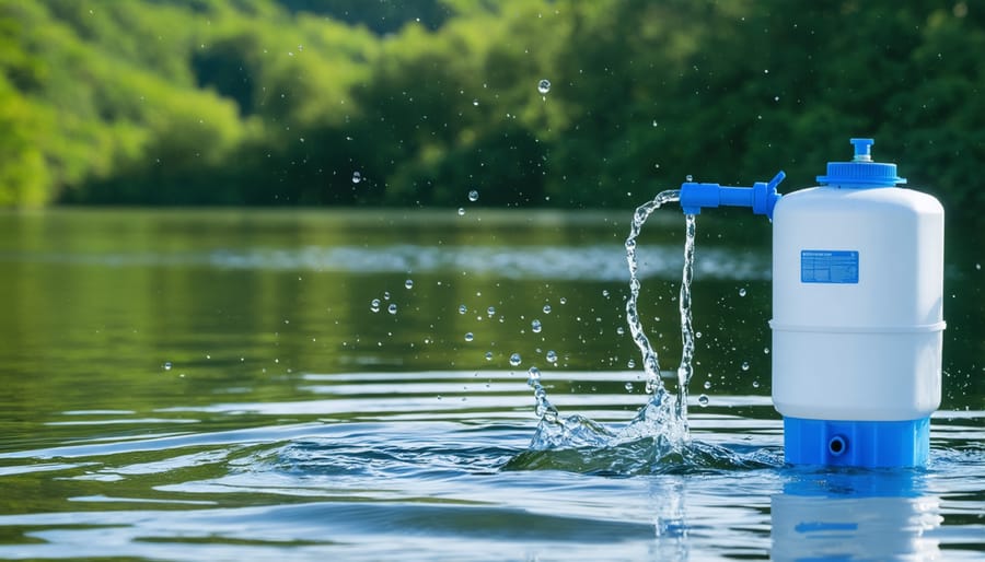 Person using a portable water filter to purify water from a wilderness source